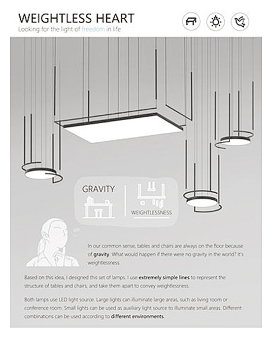 图为获奖作品《weightless heart》灯具设计图。