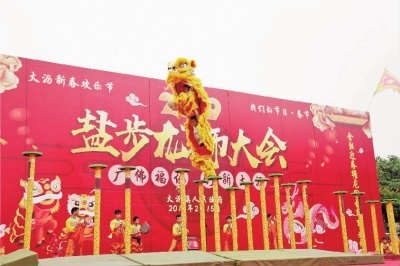 今年盐步龙狮大会上的高桩狮表演。 珠江时报记者/刘贝娜摄