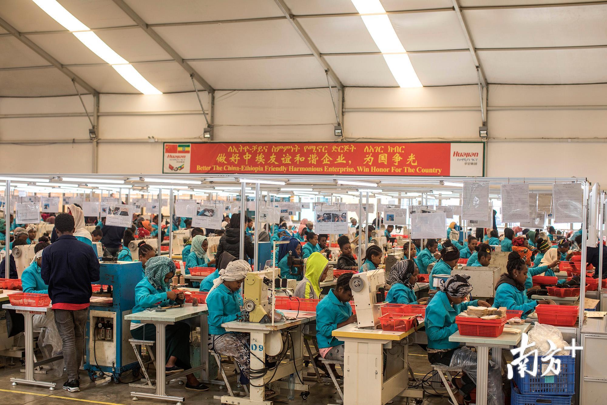 工厂内悬挂着中埃友好的横幅。 工厂内悬挂着中埃友好的横幅。