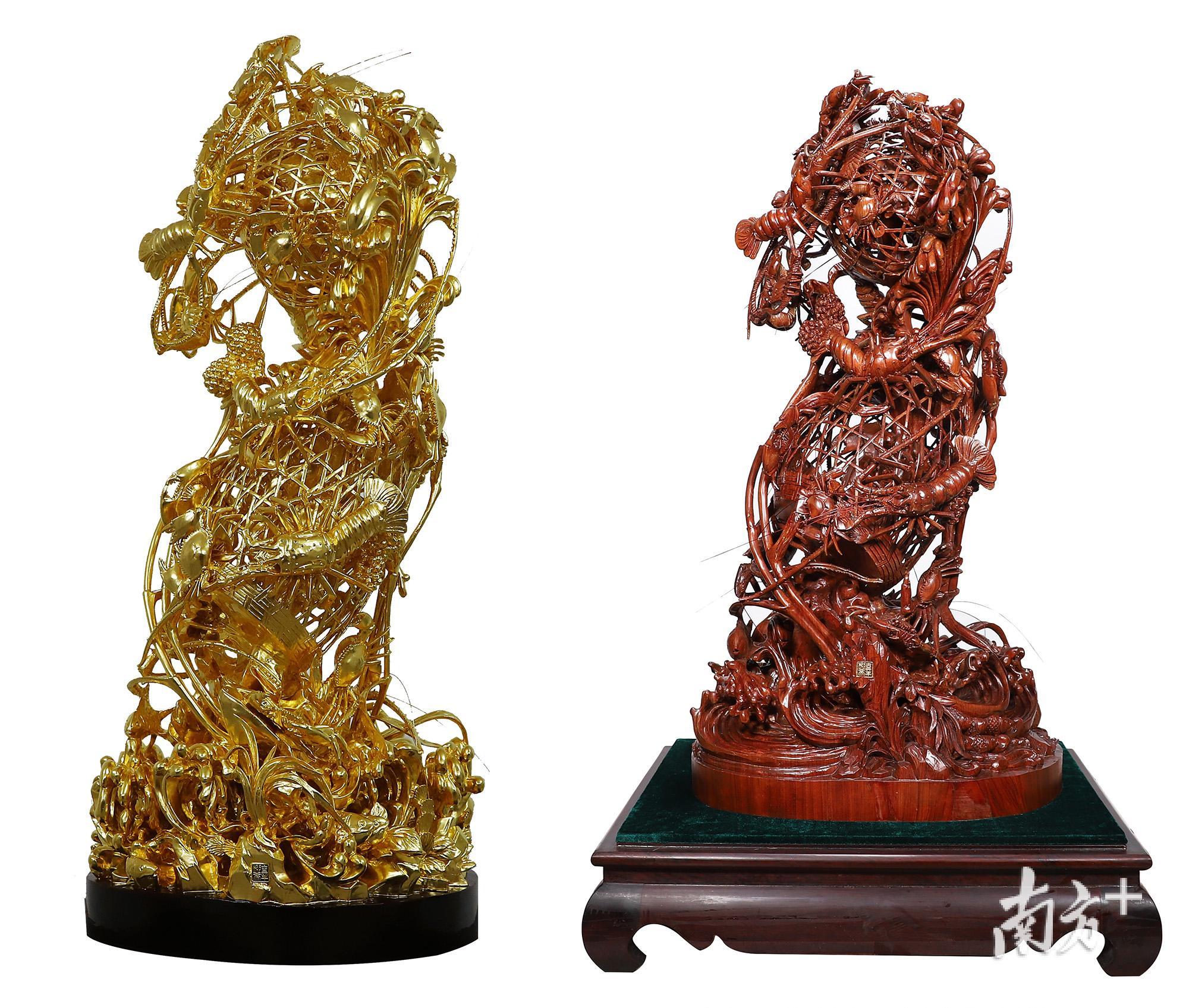 辜柳希作品贴金《双层龙虾蟹篓》（左）和花梨《双层龙虾蟹篓》（右）。“龙虾蟹篓”一直以来就是潮州市最叫得响的木雕品牌。