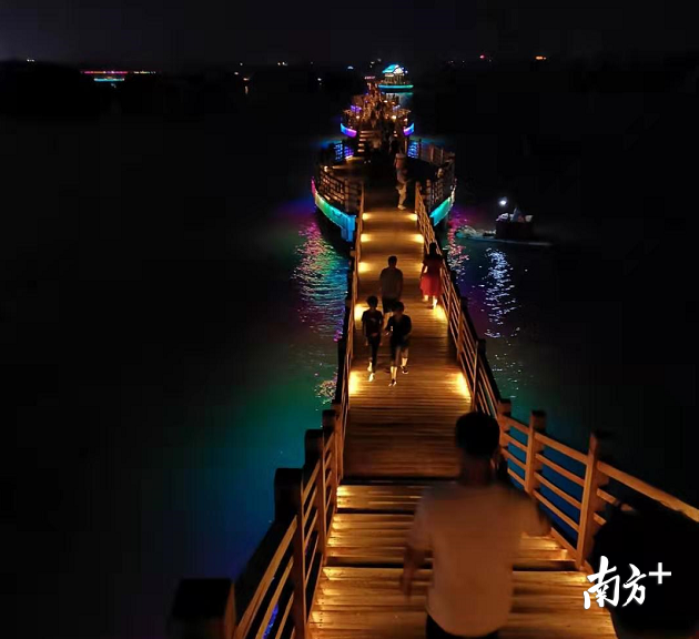 夜晚，人们在电白区红树林科普栈道散步。刘栋铭 摄