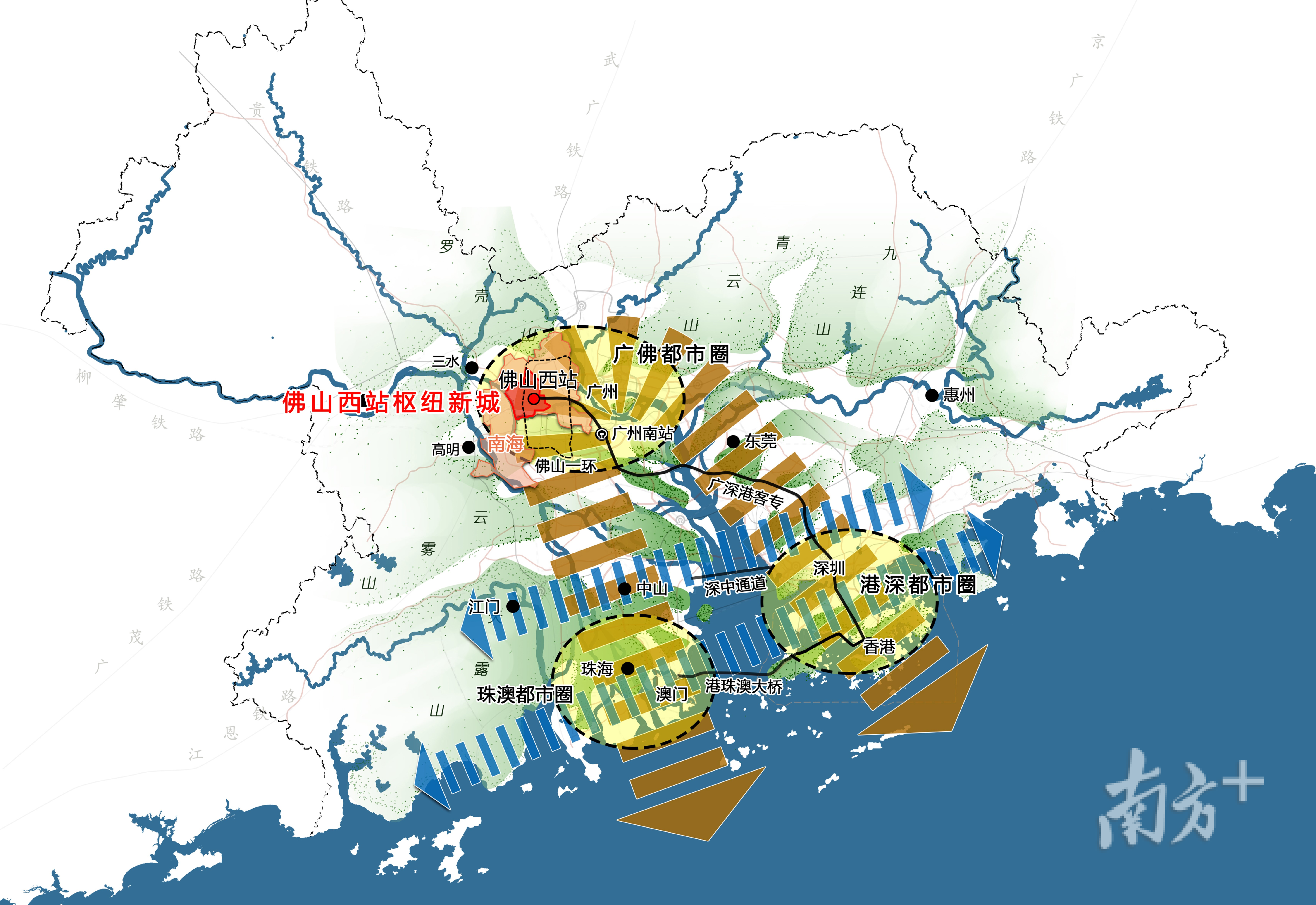 佛山西站枢纽新城是“融湾连西”的双向融合综合枢纽，更是佛山市、南海区参与粤港澳大湾区建设，对接广深港澳科技创新走廊的战略要津。佛山西站建设管理局供图