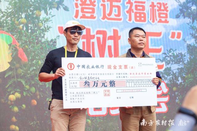 福橙“树王”拍出3万元高价,资金捐赠给金江镇贫困村春芳村,由该村村支部书记徐日兰(右)领取。 福橙“树王”拍出3万元高价,资金捐赠给金江镇贫困村春芳村,由该村村支部书记徐日兰(右)领取。