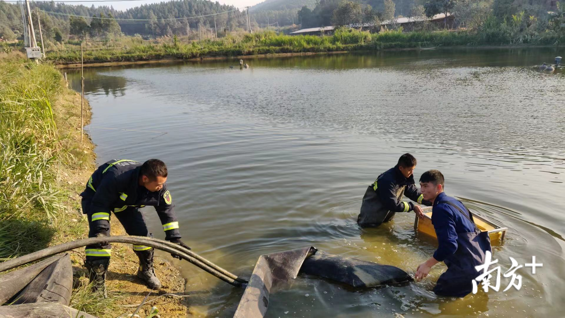 佛山消防指战员利用远程供水车组从周边鱼塘取水向前方灭火一线供水。 佛山消防指战员利用远程供水车组从周边鱼塘取水向前方灭火一线供水。