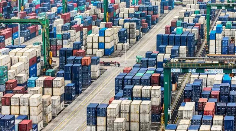 图为参展作品。东莞港码头上堆集的集装箱在等候班轮进港装卸。Aleksandar Plavevski 摄（美国《国家地理》、欧新社签约摄影师）