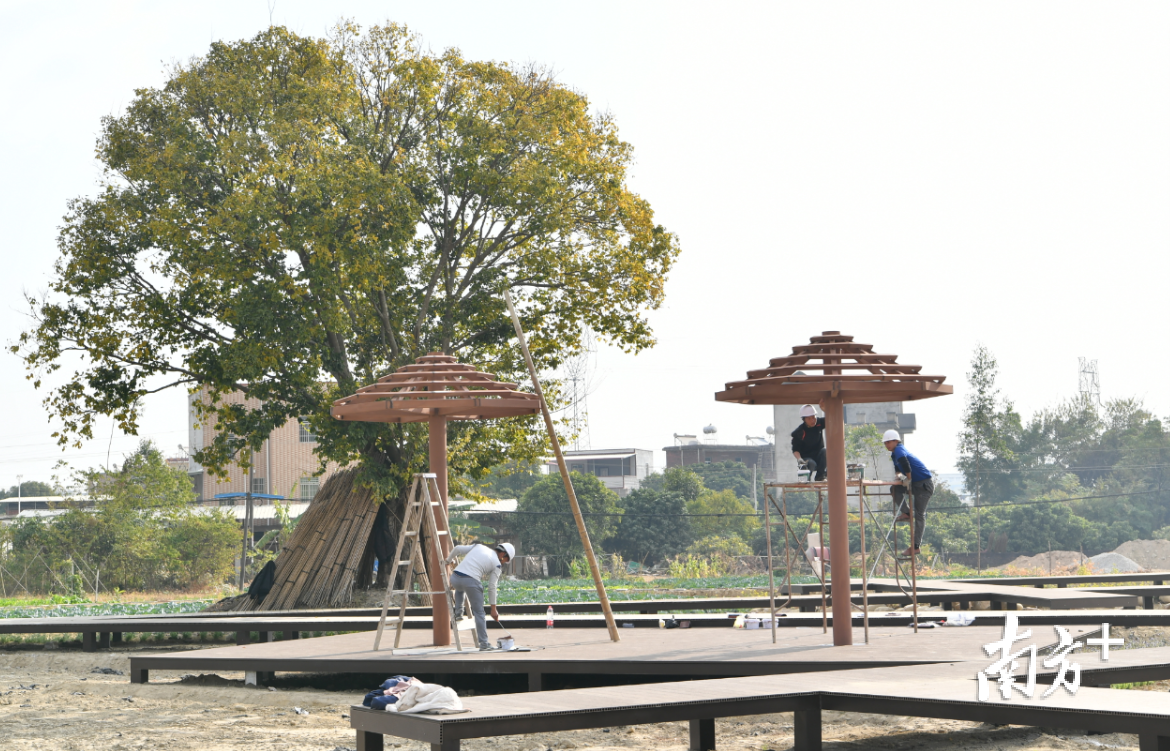 陂角村乡村绿化美化、民居风貌项目改造现场。陂角村以春沐源生态小镇项目落户为契机，积极开展乡村美化绿化亮化工程，全力打造网红打卡点。