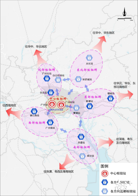 “一心五向”铁路枢纽群规划示意图