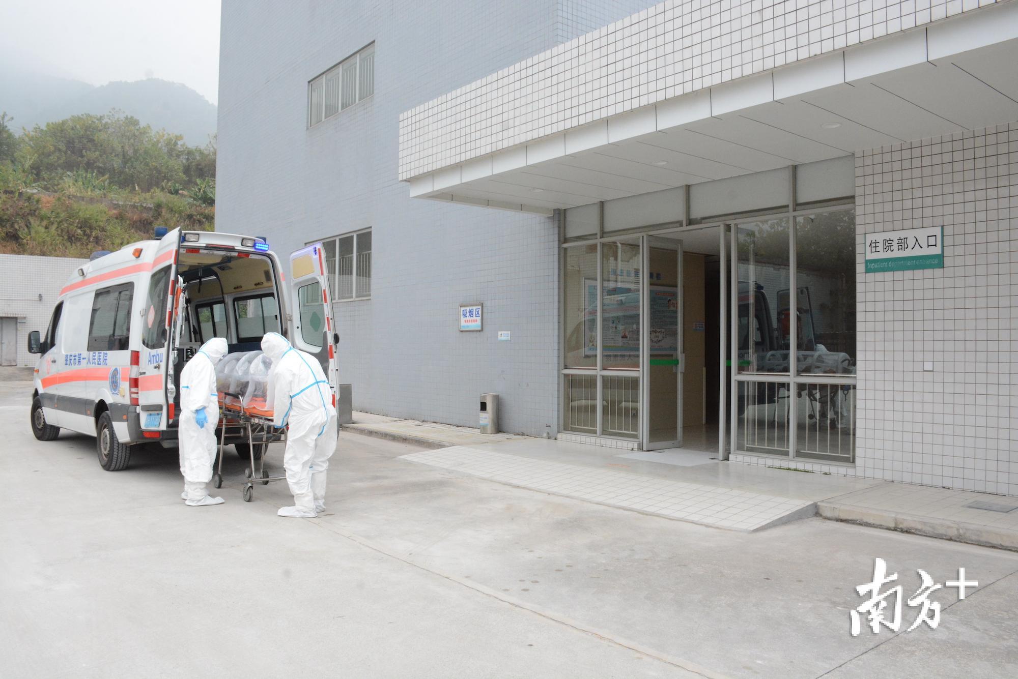 1月22日上午，肇庆市第一人民医院举行新型冠状病毒感染的肺炎疑似病例转运演练，检验该院处置应急指挥和组织协调能力。当天，身着二级防护装备的医疗救治转运组人员运送“患者”上救护车，按指定路线到达肇庆市第一人民医院北岭分院感染科。图为北岭分院转运现场。