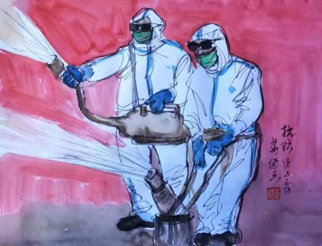 图为：陈燕侬的书画作品《抗防》
