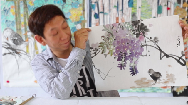 花鸟小品《紫藤小鸡》-麦德森