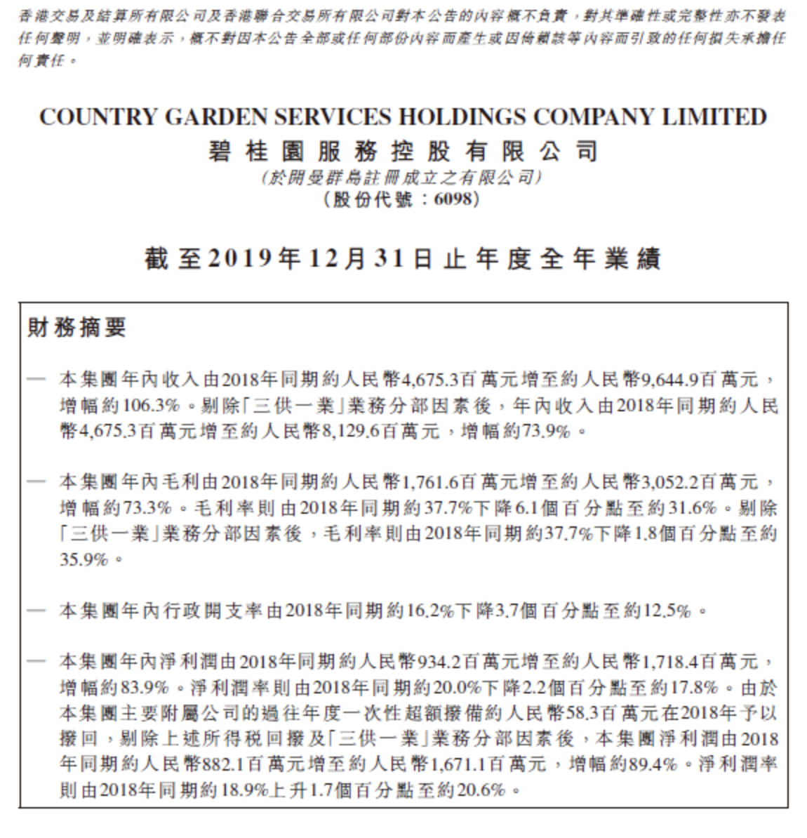 碧桂园服务发布截至去年12月31日的年度全年业绩。