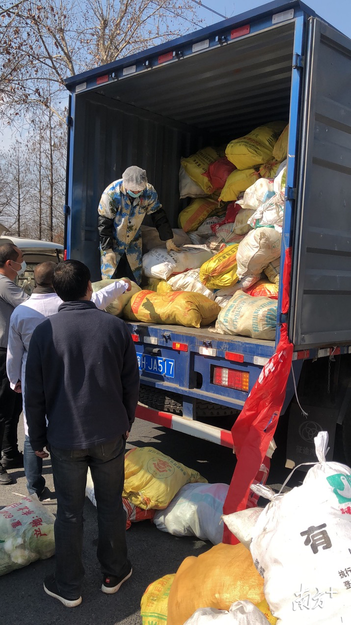 郑友谊从家乡募集了20多吨的蔬菜，从湖南常德运送到湖北荆州捐赠给当地红十字会。受访者供图