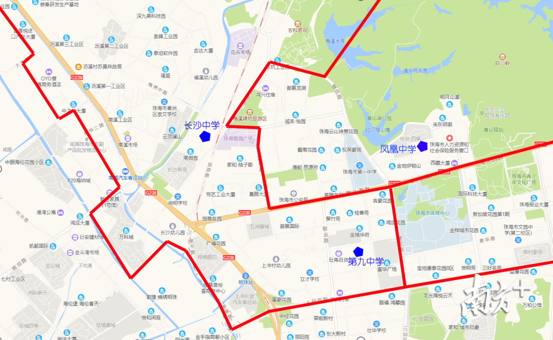 拟调整后的凤凰中学、文园中学、第九中学学区范围地图