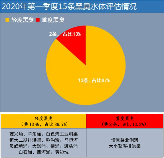 （2020 年第一季度 15 条黑臭水体评估情况）