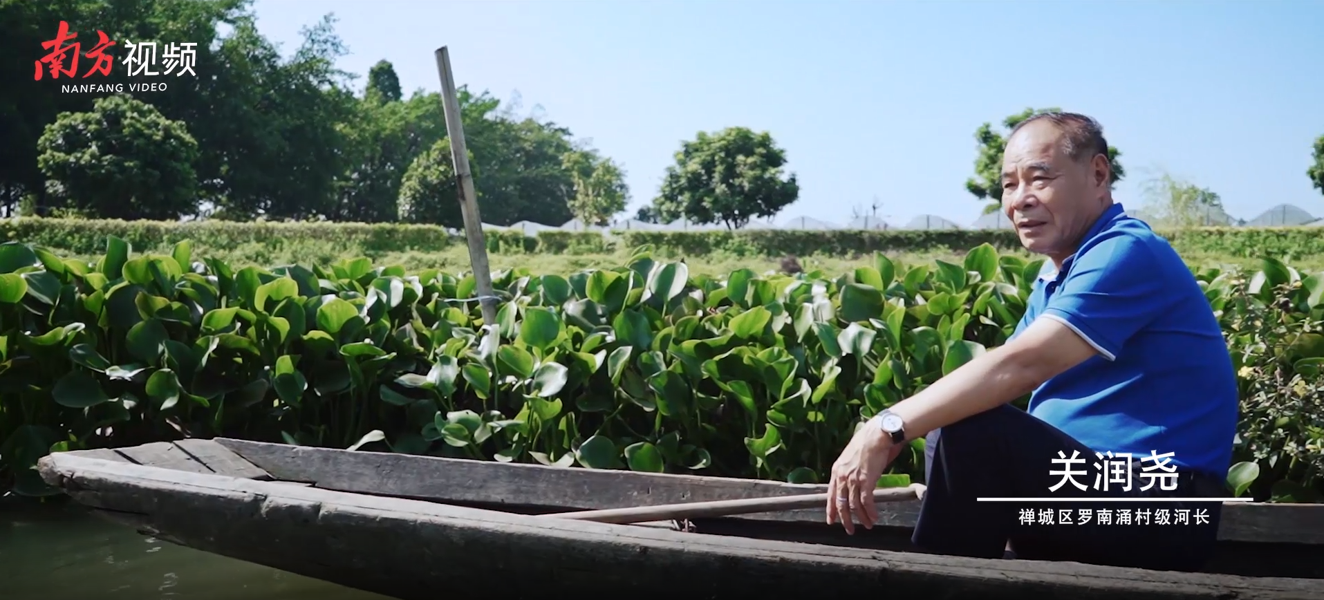 禅城区罗南涌村级河长关润尧坐船巡河。《佛山河长之歌》MV截图
