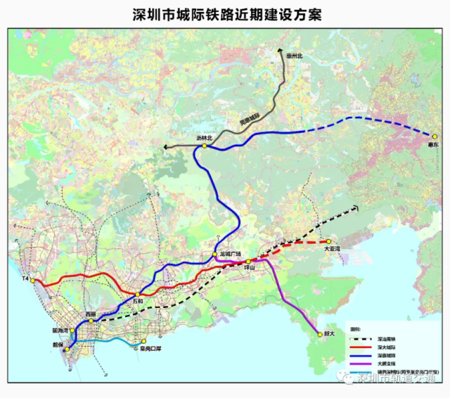 紅色線條為深大城際，藍色為深惠城際。來源于深圳市軌道交通