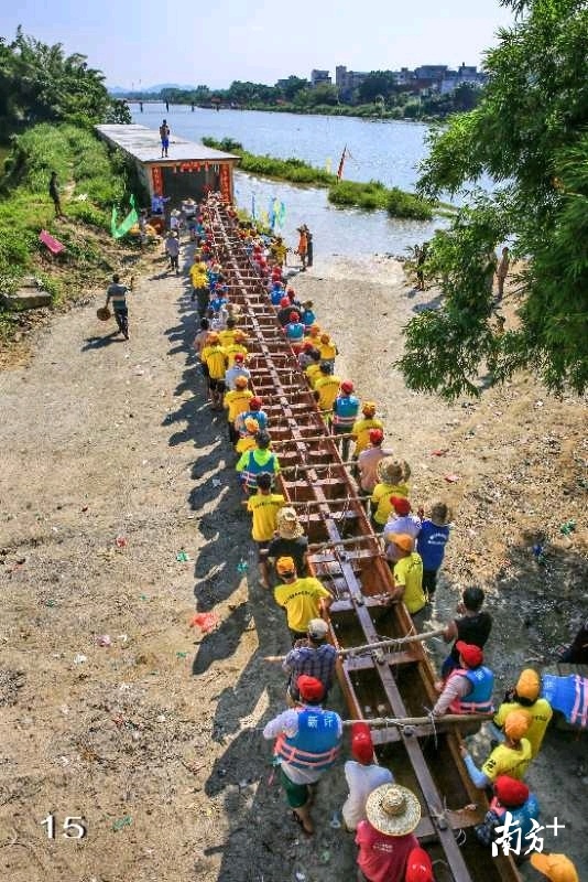 阳东区北惯镇龙舟活动结束后,村民将龙舟抬进龙船屋进行保养维护。