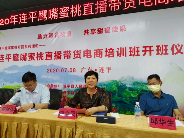 河源市连平县人民政府副县长谢金凤（中间）在台上致辞