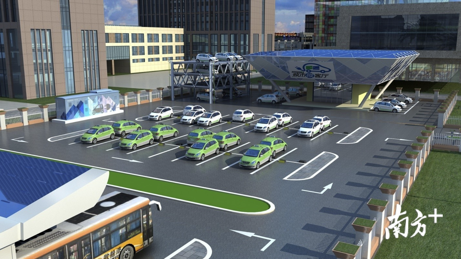 图3：特来电城市微客厅汽车群充电解决方案场景效果图。特来电供图