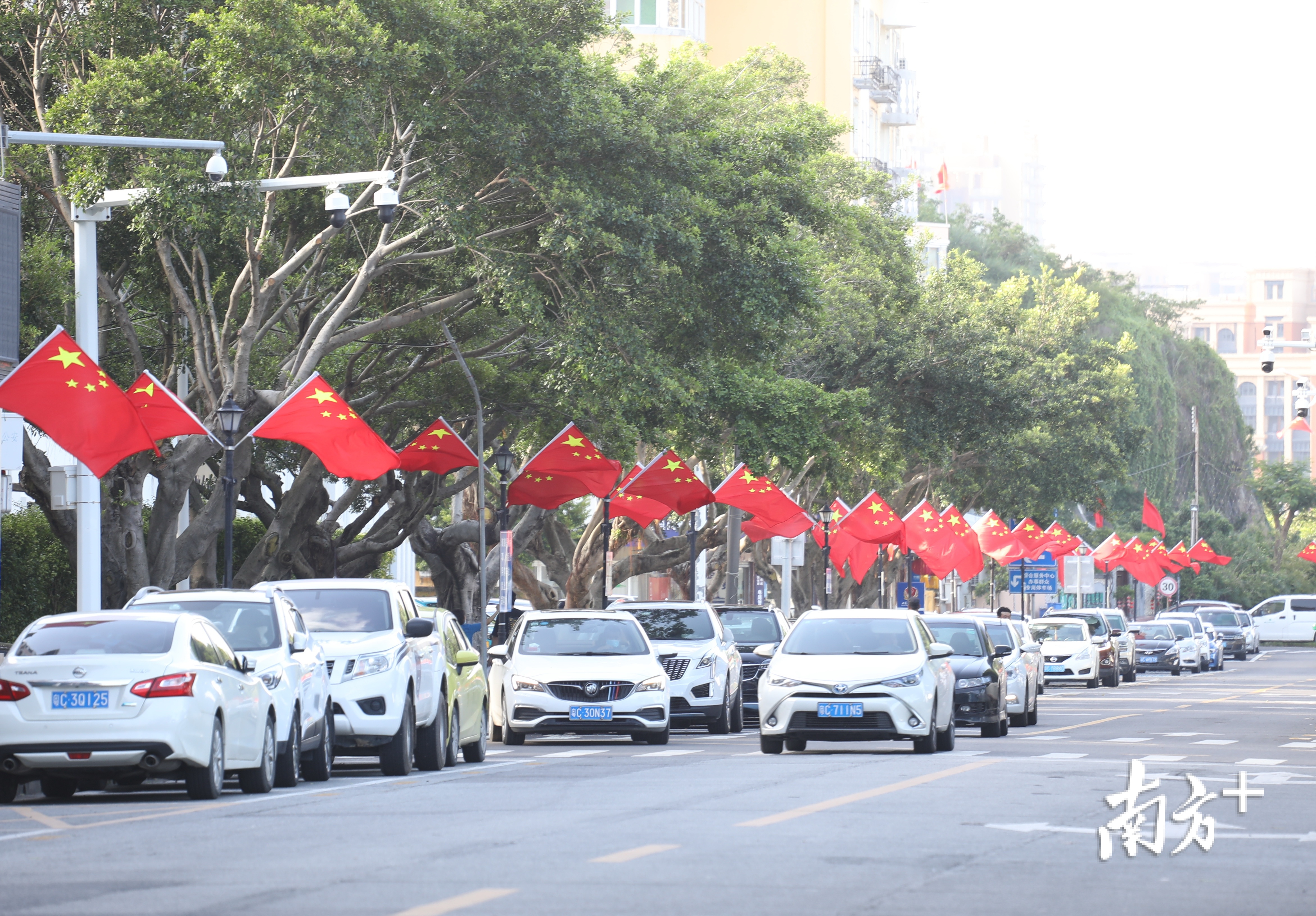 横琴宝兴路上挂满国旗，成了一道美丽的风景。