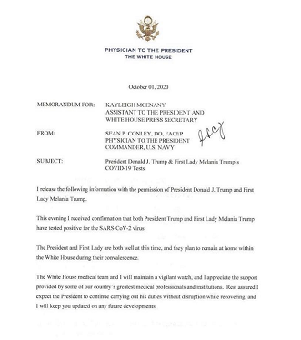 白宫医生报告证实特朗普和妻子新冠病毒检测结果呈阳性 白宫医生报告证实特朗普和妻子新冠病毒检测结果呈阳性