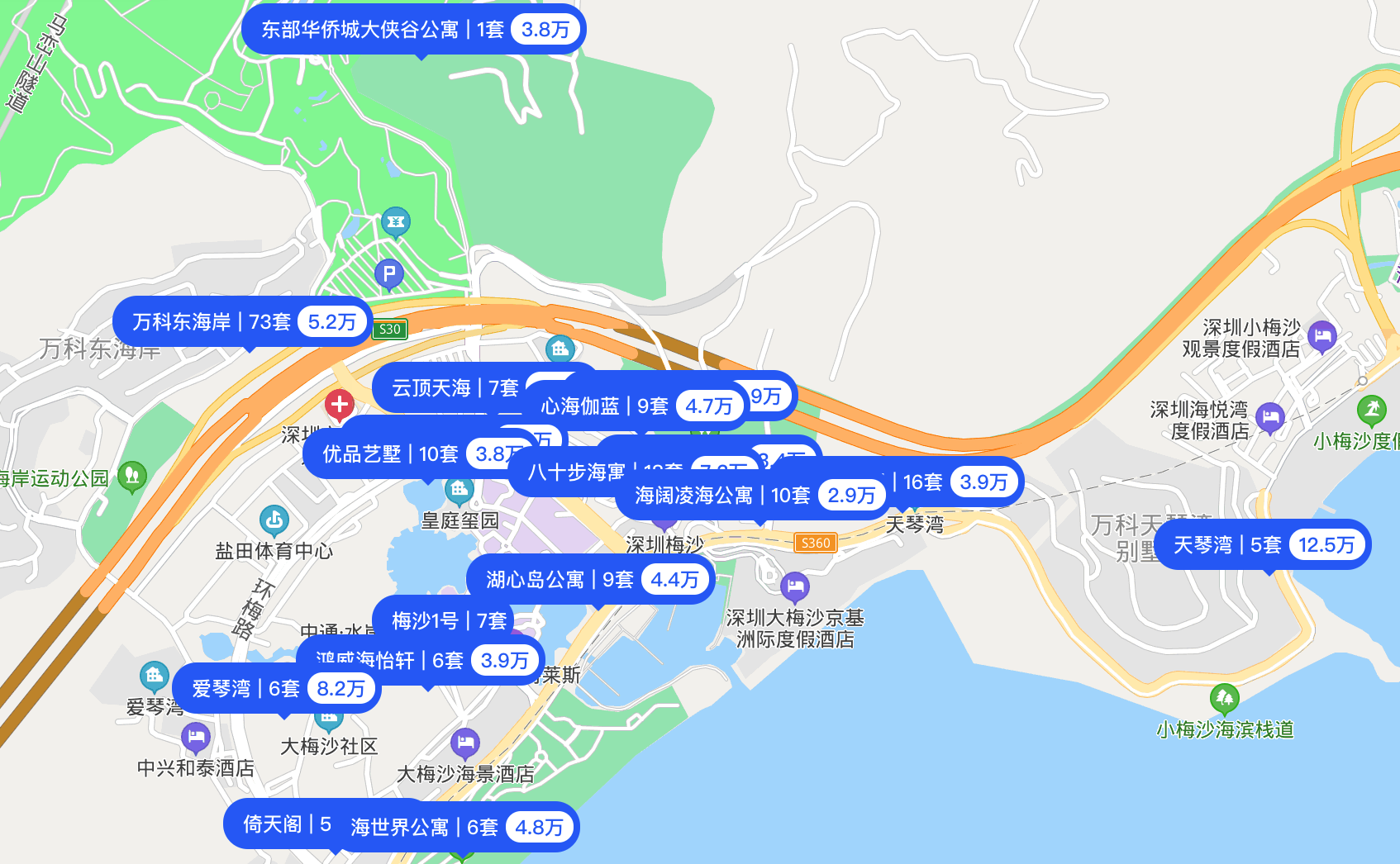 大梅沙片区二手住宅部分小区销售均价