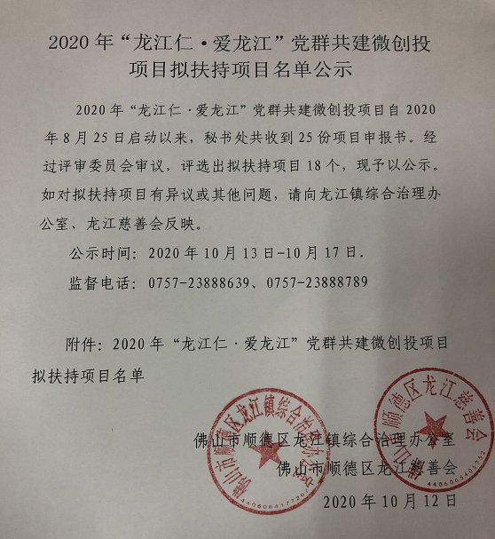 项目|【龙江仁·爱龙江】2020年“龙江仁·爱龙江”党群共建微创投项目拟扶持项目名单公示！