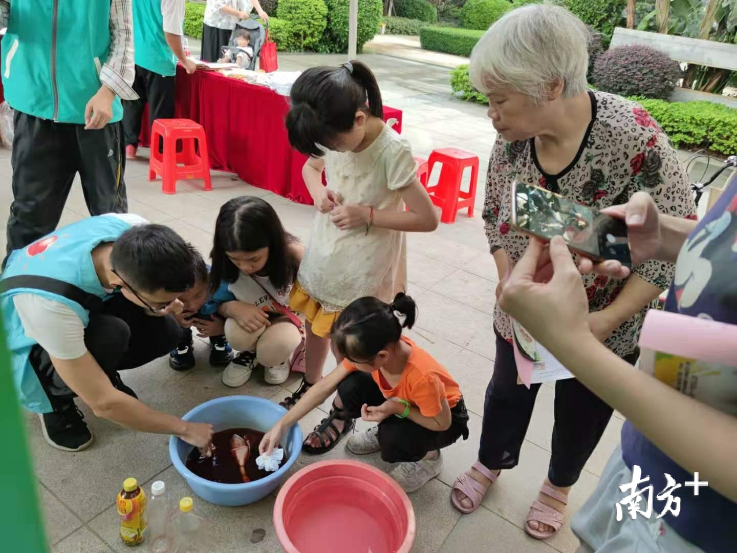 一群身着蓝马甲的社工正和几个小朋友体验手工草木印染