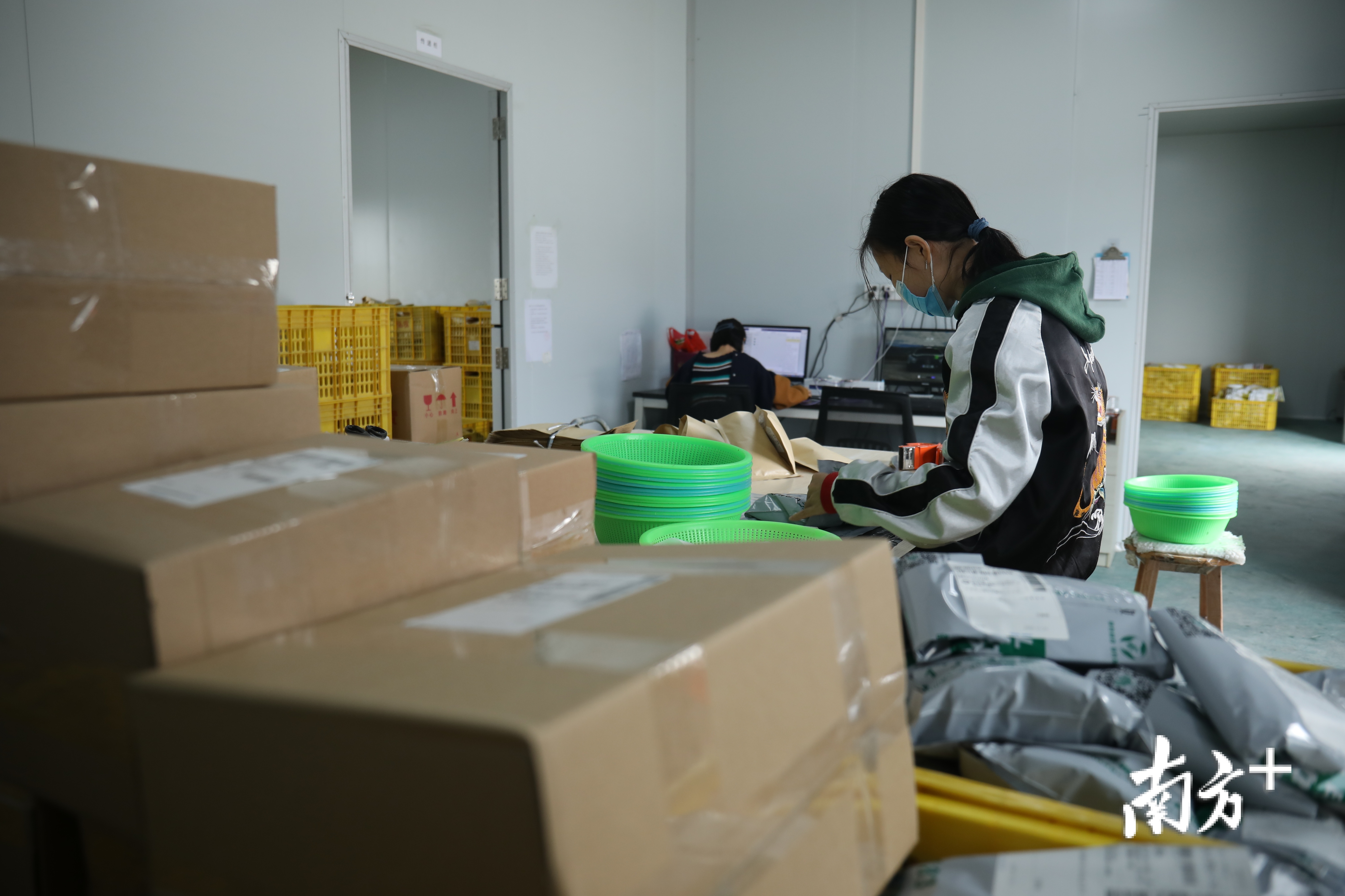 陈满洪的公司设有有冷仓储存、打包分装、网店运营等多个部门，30多位工人在不同岗位忙碌着。
