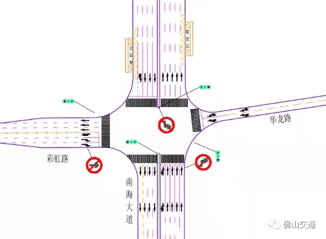 南海大道-彩虹路路口打通及华龙路单行示意图。 南海大道-彩虹路路口打通及华龙路单行示意图。