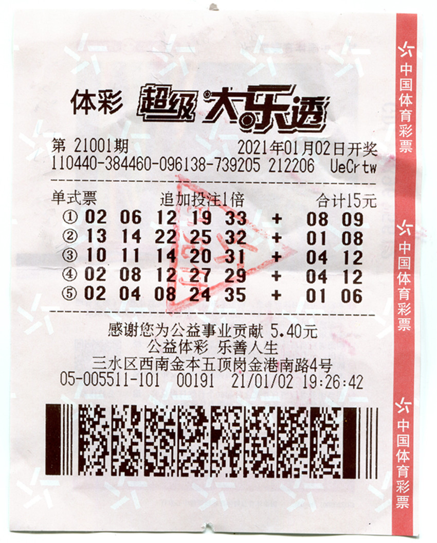 中奖者购买的大乐透15元的5注单式追加票.通讯员提供
