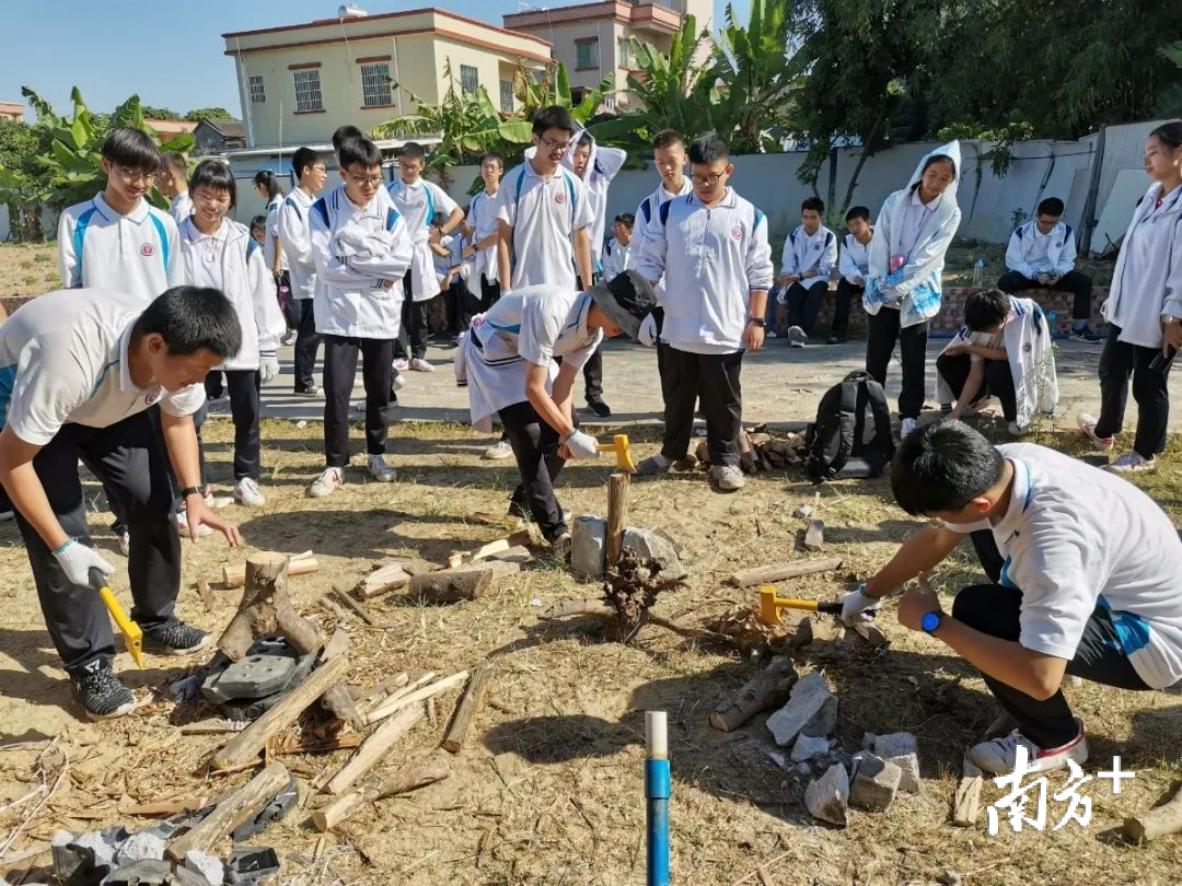 顺德区北滘中学高一的同学们在砍柴做饭。校方供图