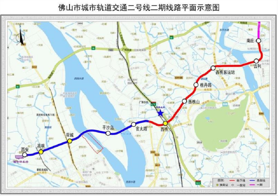 佛山市城市轨道交通二号线二期线路平面示意图。