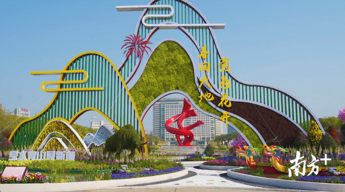 “互动式”春节花坛亮相东莞中心广场，夜景还有“萤火虫”