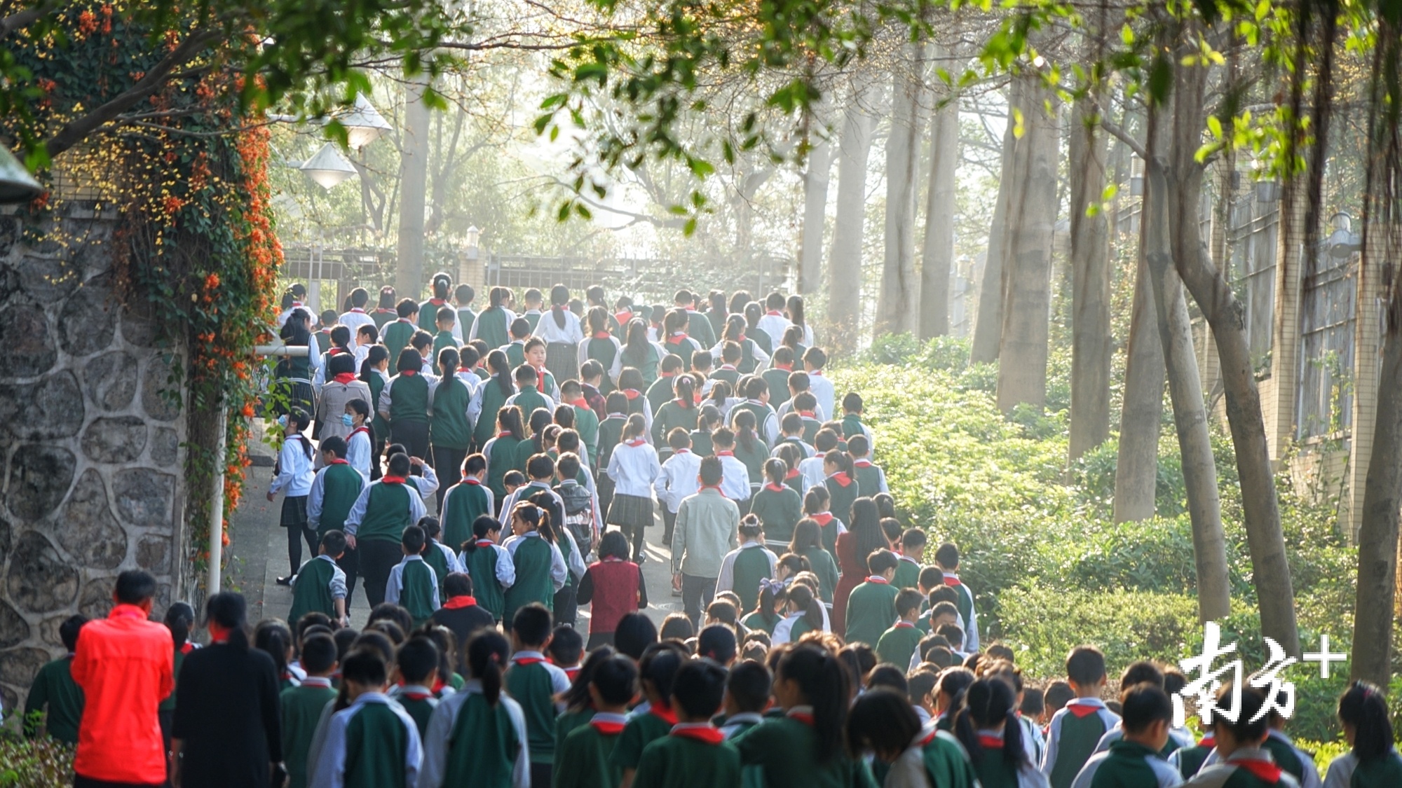 开学首日，校道上充满了欢声笑语。