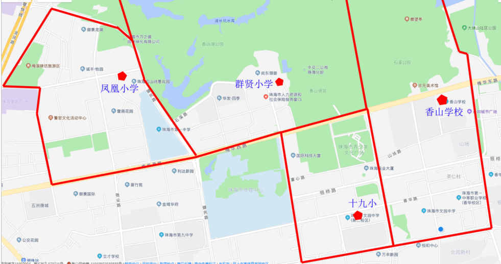 “调整后的群贤小学、香山学校、凤凰小学学区范围地图”