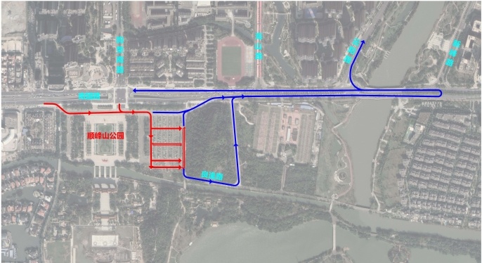 节假日期间顺峰山公园进出交通流线示意图