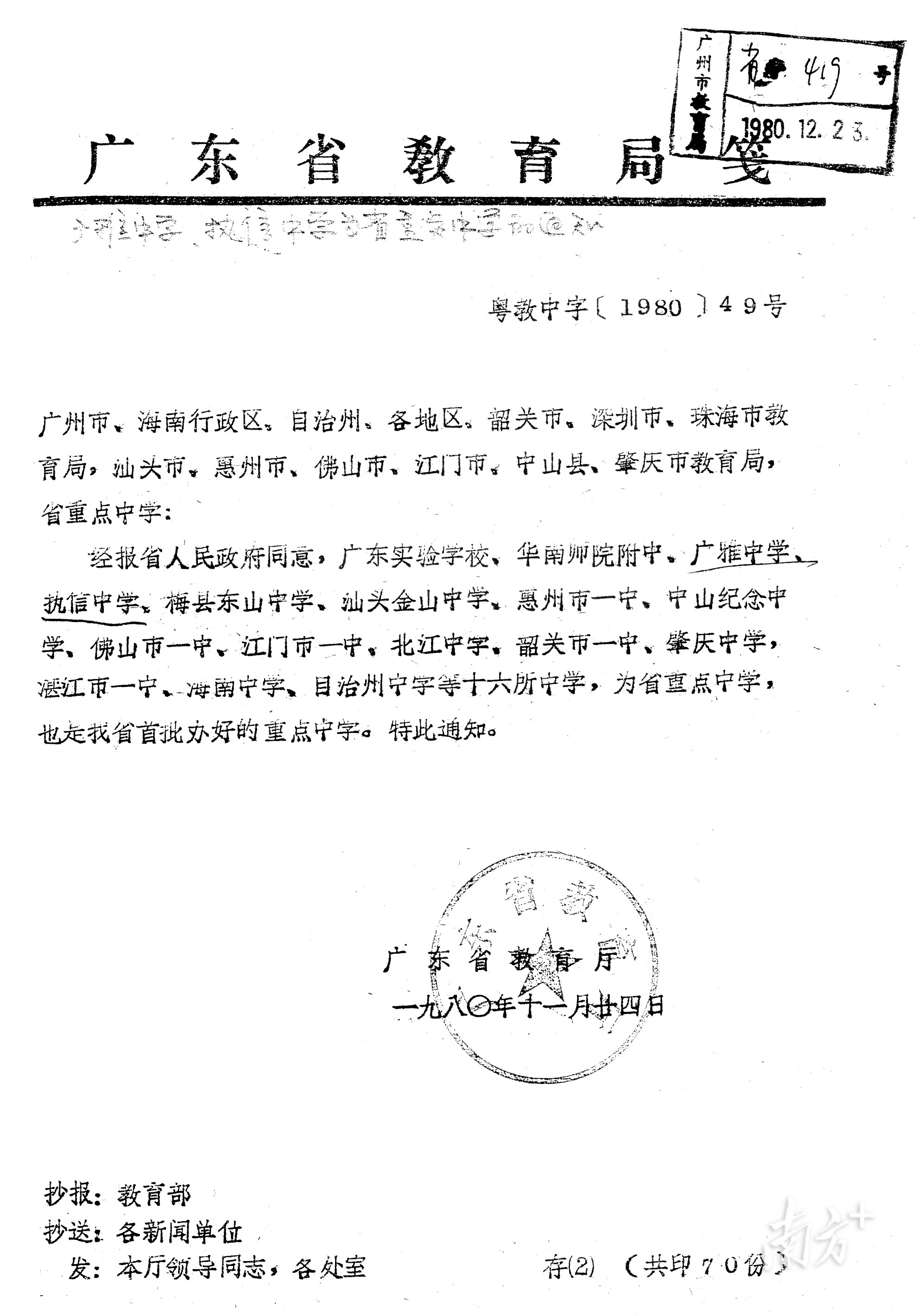 1980年，广州市执信中学被确定为广东省重点中学。