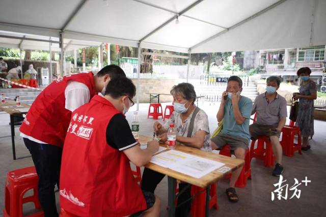早上十点，越秀区洪桥街三眼井社区开始陆续开展核酸检测工作。在现场，洪桥街志愿服务队员们为长者和幼童设置了排队专座，检测以75岁以上高龄长者、孕妇、残障人士优先，并协助不会用智能手机的长者优先填表登记，场面秩序井然。  南方日报记者 梁钜聪 