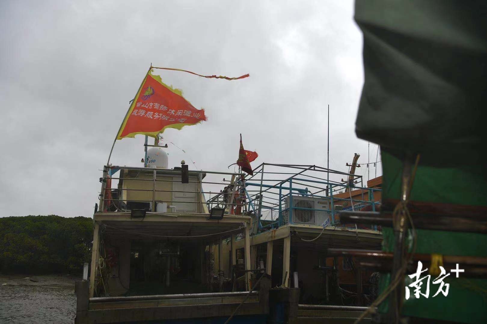台山横山渔港，船只在港避风，大风吹弯了船上旗帜。