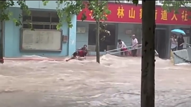 南方拍客|河南女子洪水抱树险被冲走，社区员工用条幅惊心营救