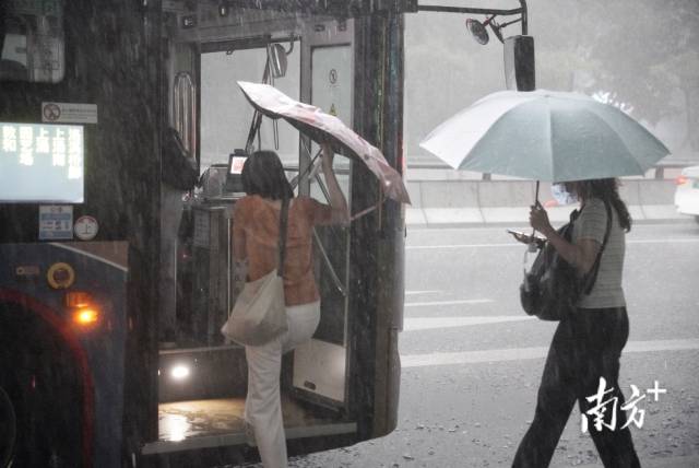 7月28日，暴雨叠加晚高峰，广州大道中的市民在雨中前行。