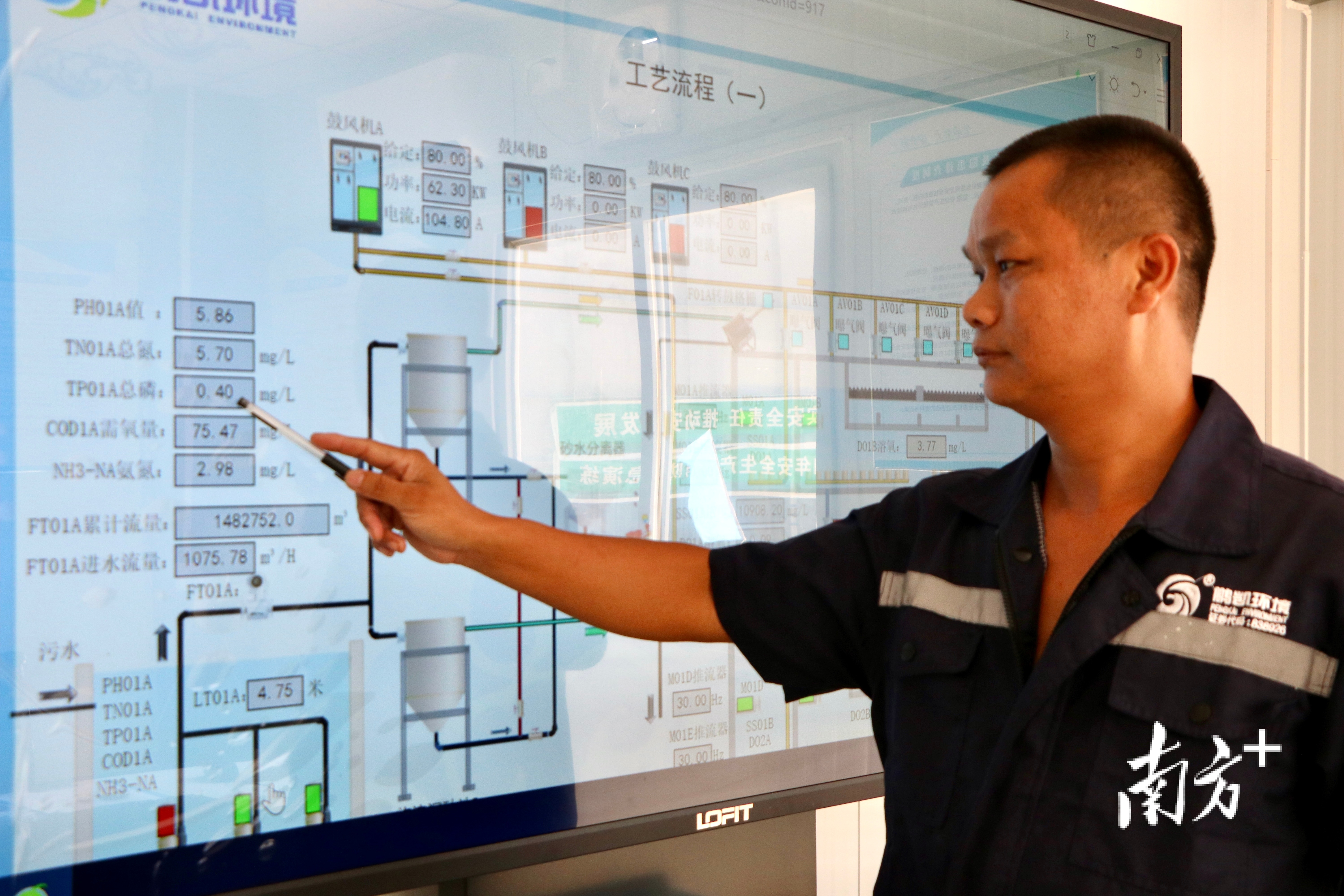 开发区泵站旁一体化污水处理设施中控室内，技术人员正在实时观察系统运行情况。 许钰敏 摄