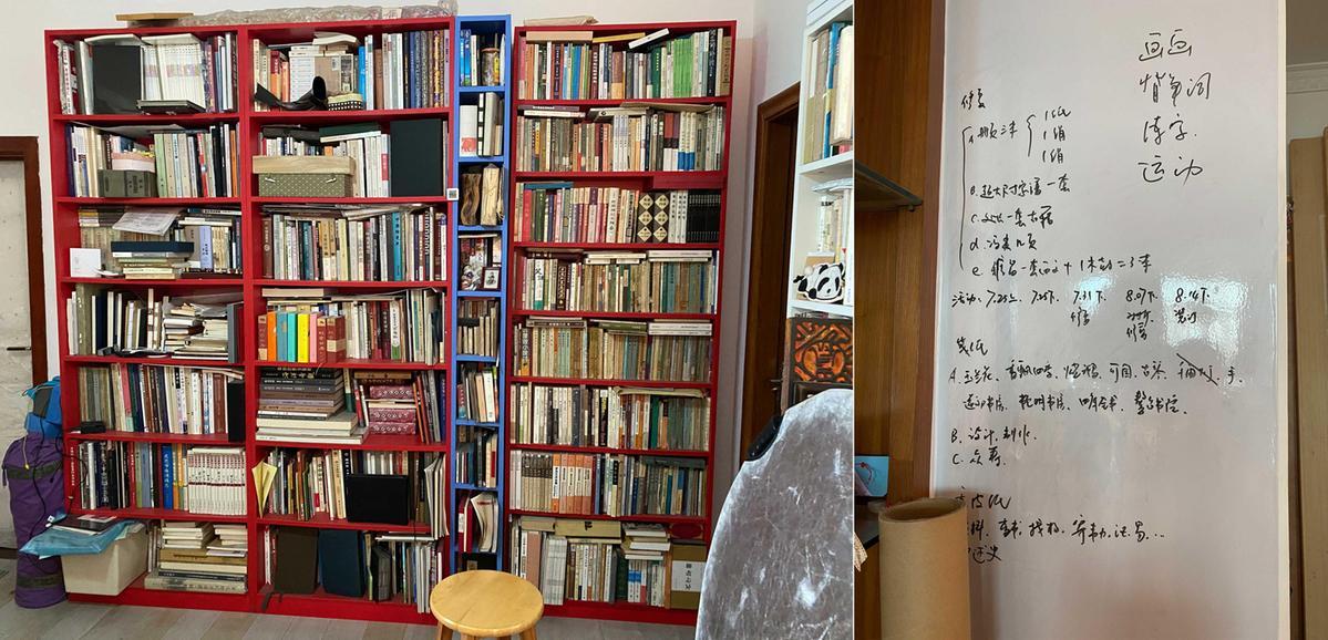 ▲左图为张笑艳工作室里摆满各种各样的关于修复的“工具书”；右图为工作室门后的白板上写满每天的工作事项。