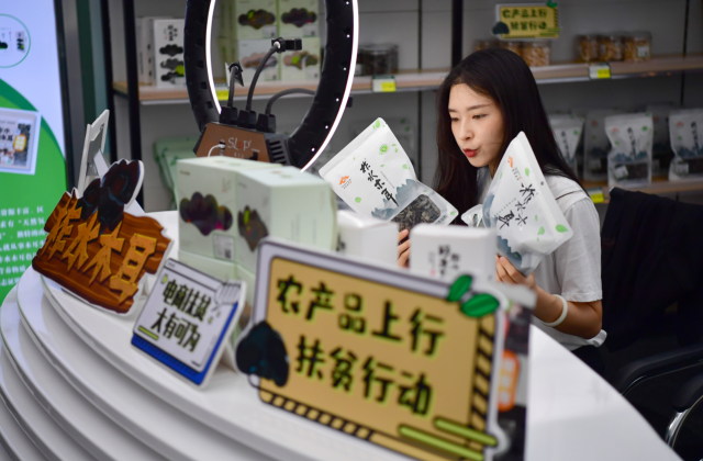 在陕西柞水县小岭镇金米村木耳展销中心内，电商主播通过直播售卖柞水木耳。
