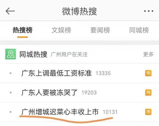 “廣州增城遲菜心豐收上市”登榜微博同城熱搜,。