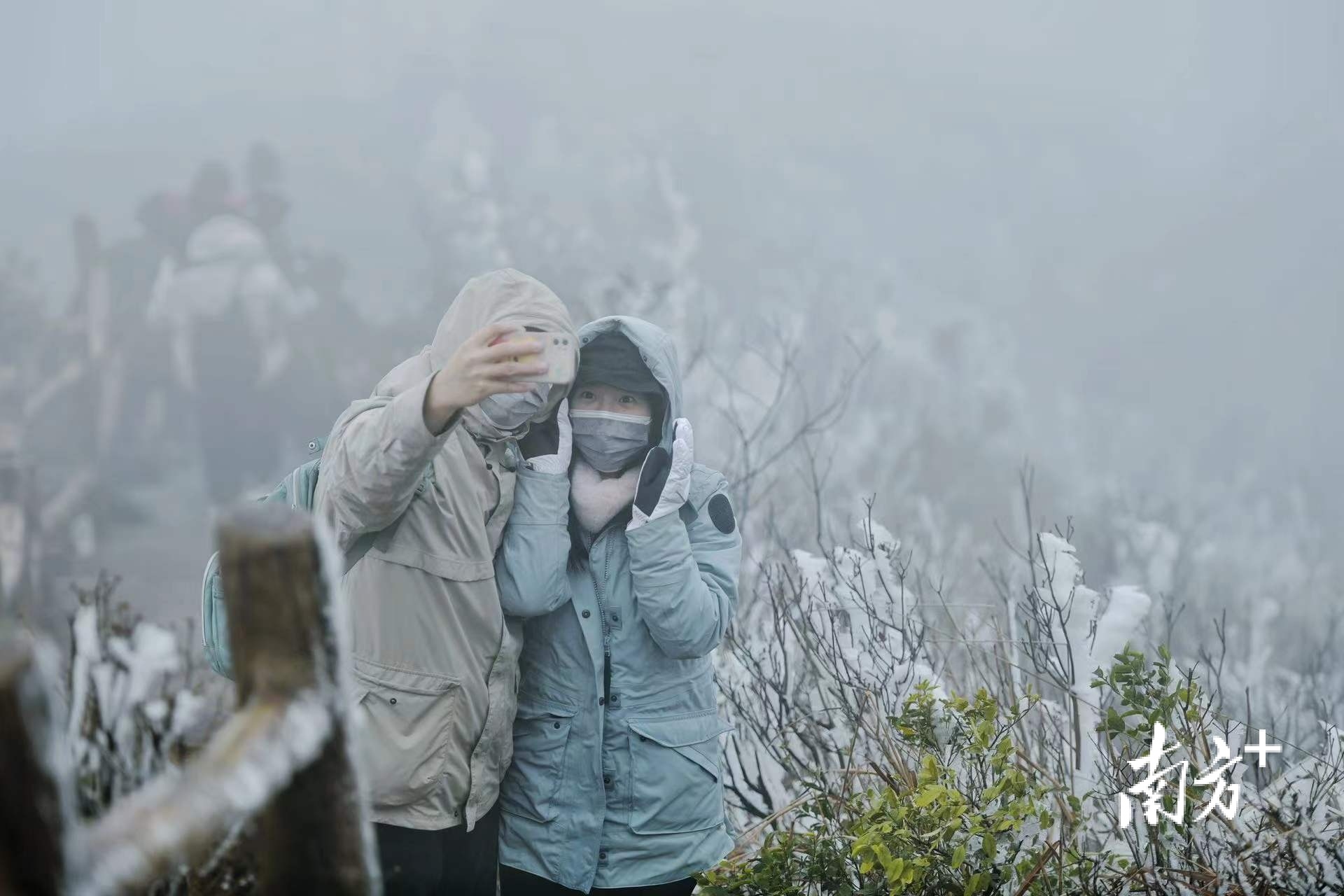 山中雾气渐浓，一对男女在迷雾中合影。曾亮超 摄