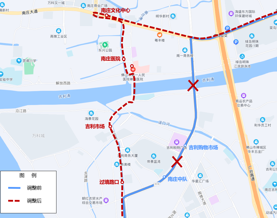 旅游城巴1号线路调整前后线路走向示意图