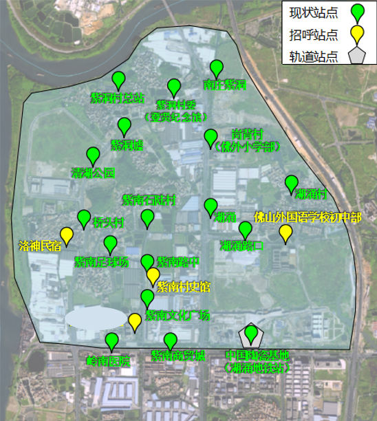 南庄镇湖涌片区网约巴士响应范围及部分站点分布示意图