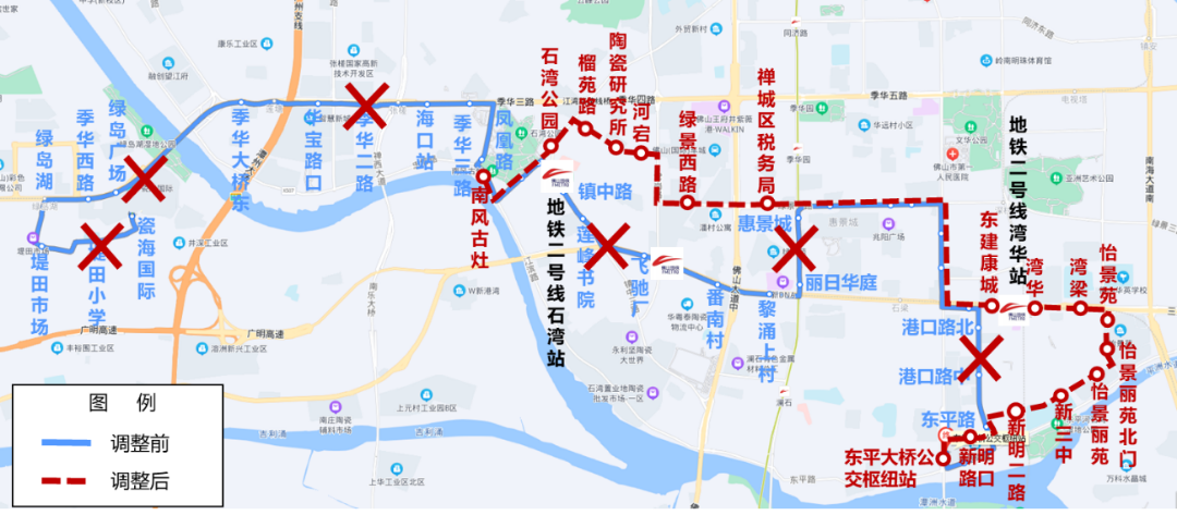 155路调整前后线路走向示意图